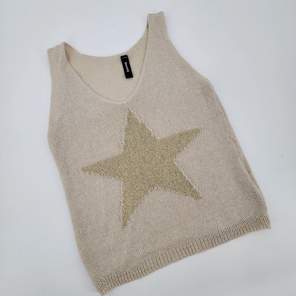 Venti6 Womens M/L Beige Gold Star V-Neck Sleeveless Open Knit Tank Top Sweater